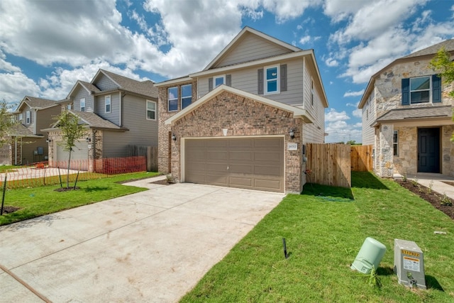 front facade with a garage and a front lawn