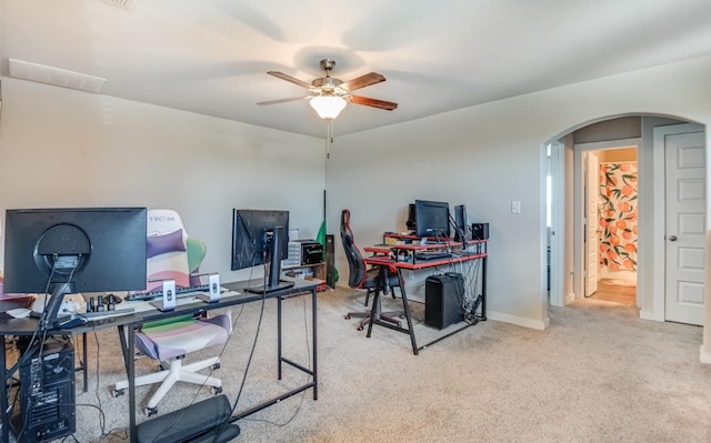 office area featuring carpet and ceiling fan