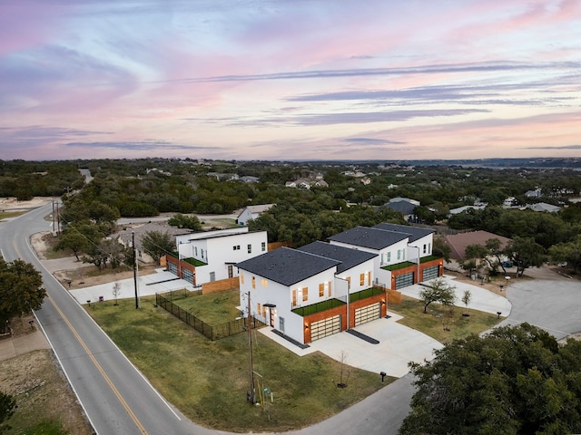 view of aerial view at dusk