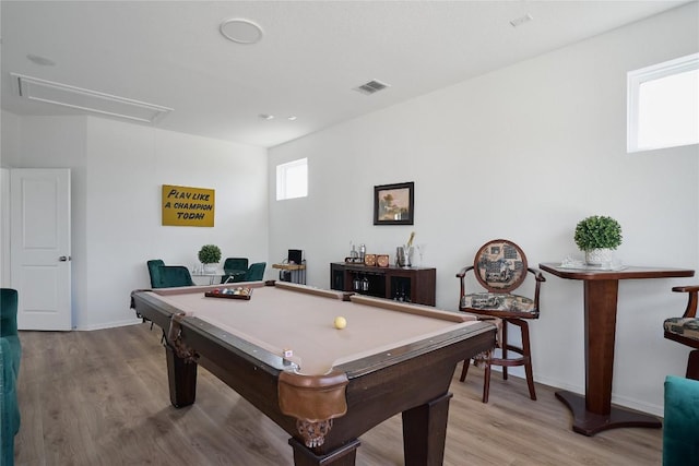 game room featuring pool table and light hardwood / wood-style flooring