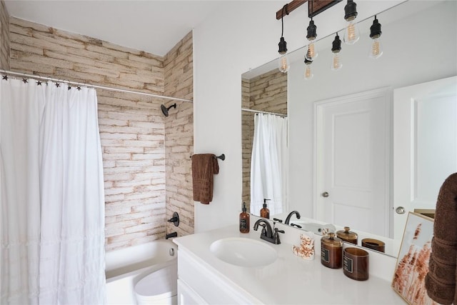 bathroom featuring shower / bath combination with curtain and vanity