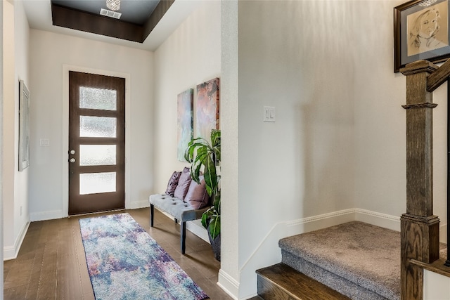 entryway with a raised ceiling and wood-type flooring