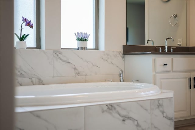 full bath featuring vanity, a garden tub, and a wealth of natural light