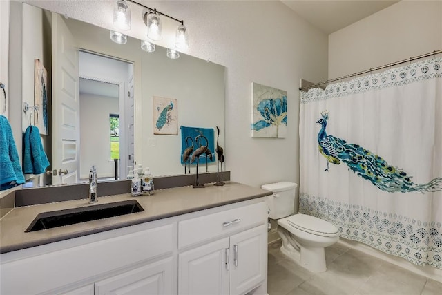 19108 Excursion Falls Way, Jonestown, TX 78645 - bathroom with vanity, toilet, a shower with shower curtain, and tile patterned floors