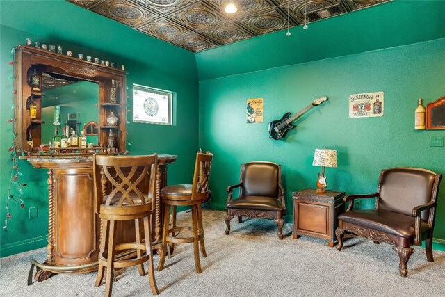 19108 Excursion Falls Way, Jonestown, TX 78645 - bar with carpet, a dry bar, baseboards, and an ornate ceiling