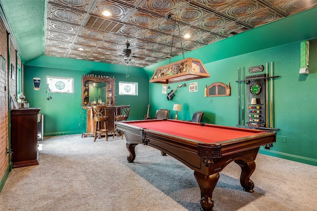 game room with lofted ceiling, carpet, pool table, and bar