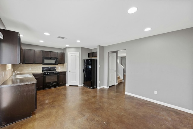 kitchen featuring black appliances, sink, decorative backsplash, and dark brown cabinets