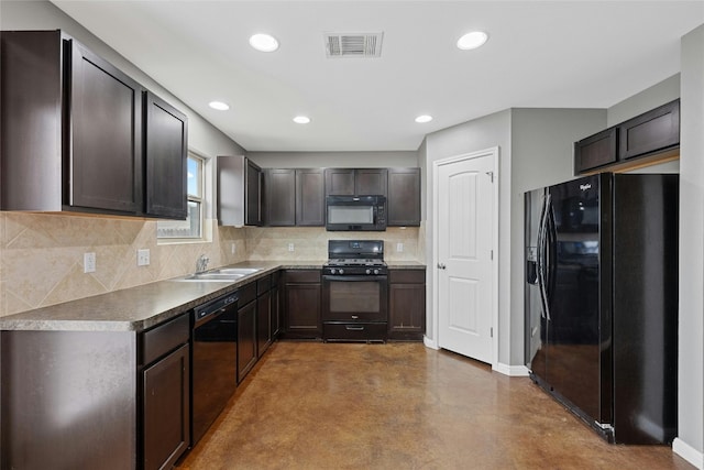 kitchen with black appliances, concrete floors, sink, and dark brown cabinetry