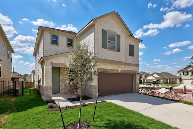 craftsman inspired home featuring a front lawn and a garage