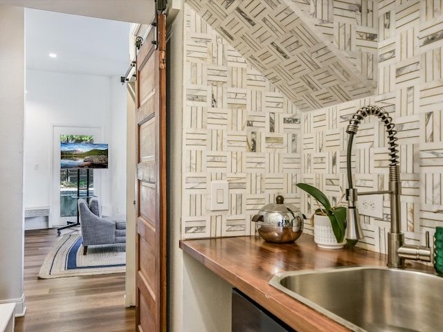 interior details with dark wood-type flooring, wood counters, sink, and a barn door