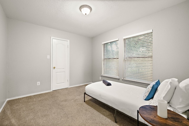 bedroom featuring a textured ceiling and carpet flooring