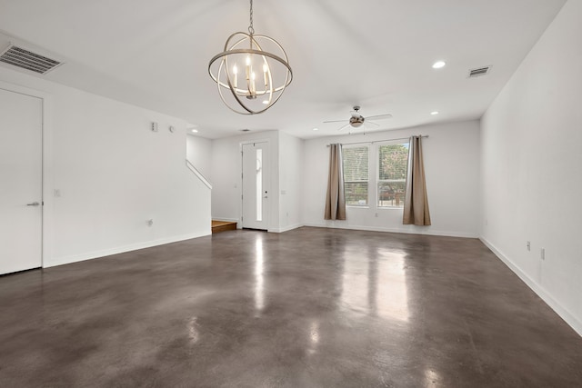 interior space featuring ceiling fan with notable chandelier