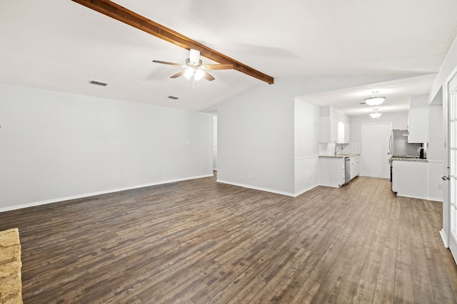 unfurnished living room featuring dark wood-type flooring, ceiling fan, sink, and vaulted ceiling with beams