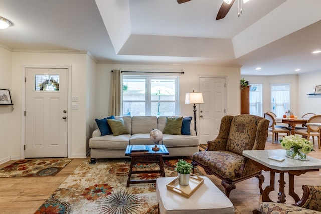 living room featuring ornamental molding, light hardwood / wood-style flooring, ceiling fan, and a raised ceiling