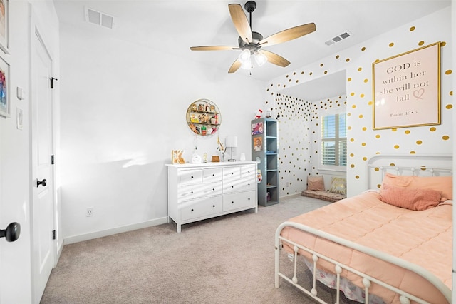 bedroom with ceiling fan and light colored carpet