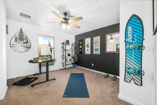 7828 Pace Ravine Dr, Lago Vista, TX 78645 - exercise room featuring ceiling fan and carpet flooring