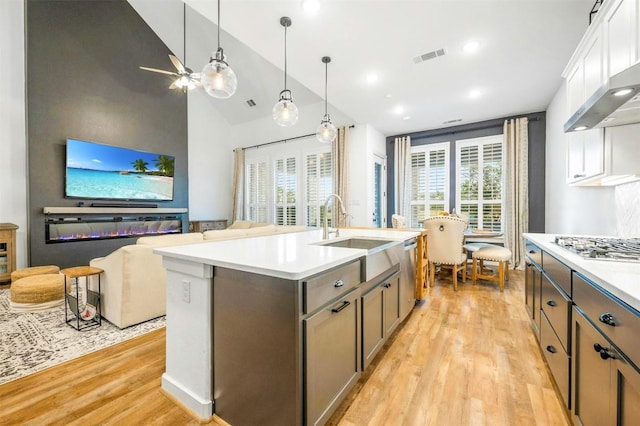 kitchen with sink, a center island with sink, appliances with stainless steel finishes, light hardwood / wood-style floors, and white cabinets