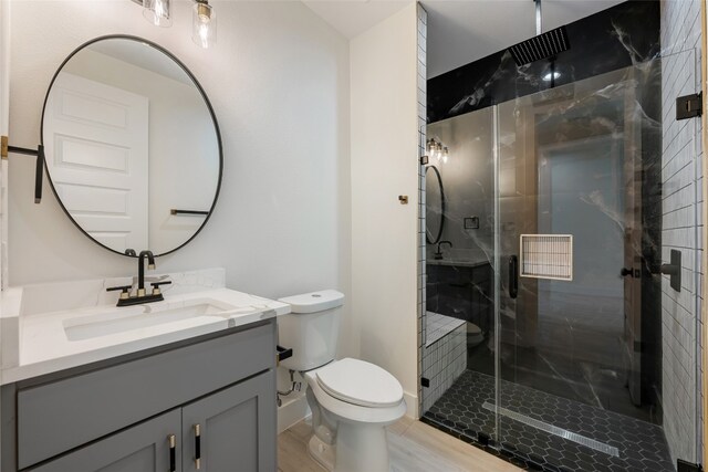 bathroom with an enclosed shower, vanity, and toilet