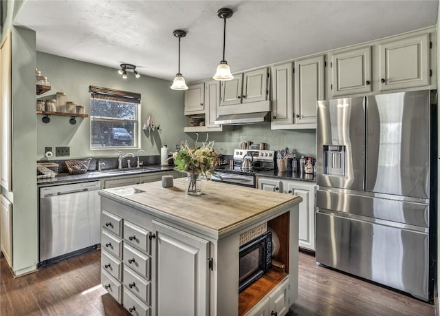 1619 Althaus Ranch Rd, Johnson City, TX 78636 - kitchen featuring stainless steel appliances, open shelves, a sink, dark wood-style flooring, and butcher block counters