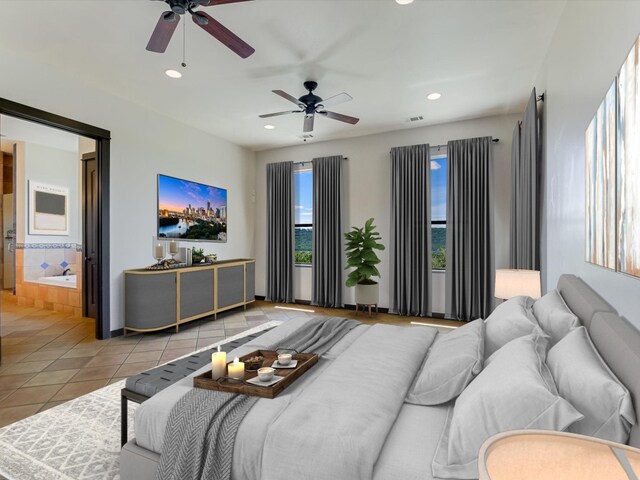 tiled living room with ceiling fan