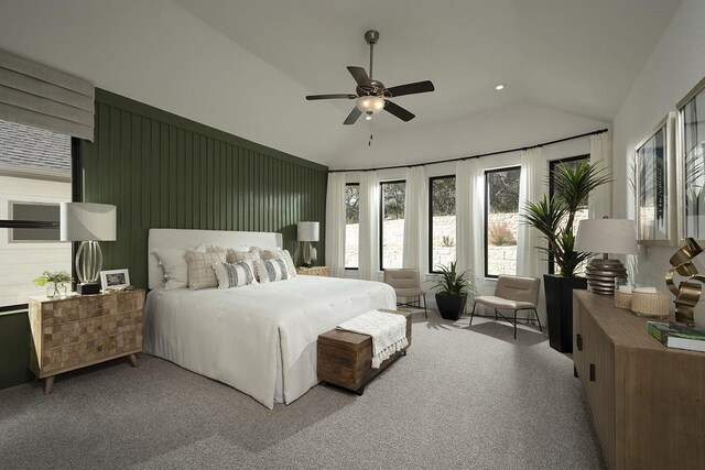 carpeted bedroom featuring ceiling fan and lofted ceiling