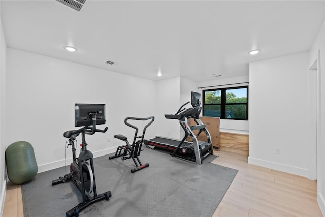 workout room featuring light hardwood / wood-style floors