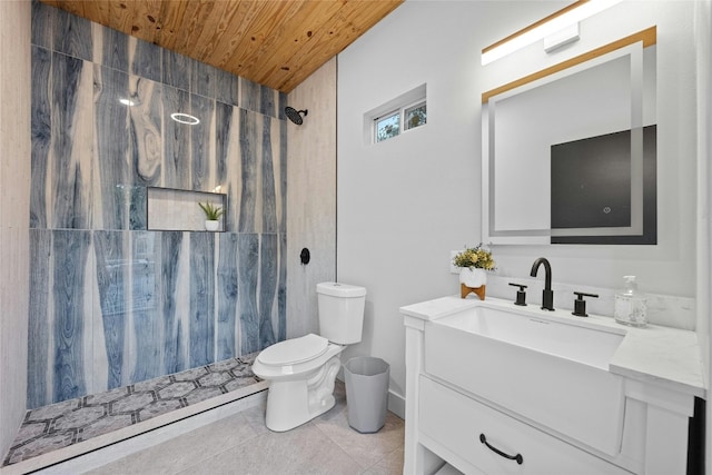 bathroom with toilet, tile patterned flooring, vanity, wood ceiling, and a shower with shower curtain