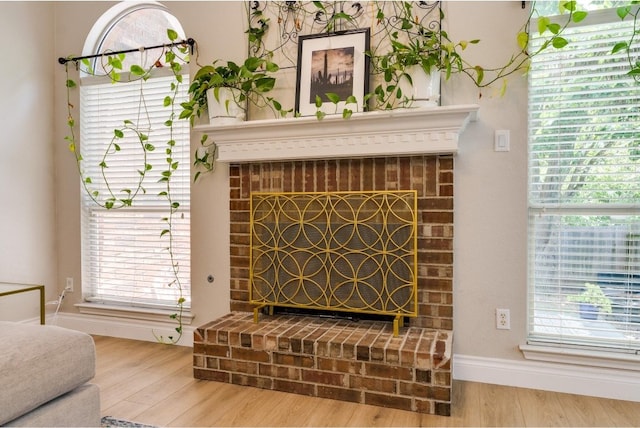 room details featuring hardwood / wood-style flooring and a fireplace