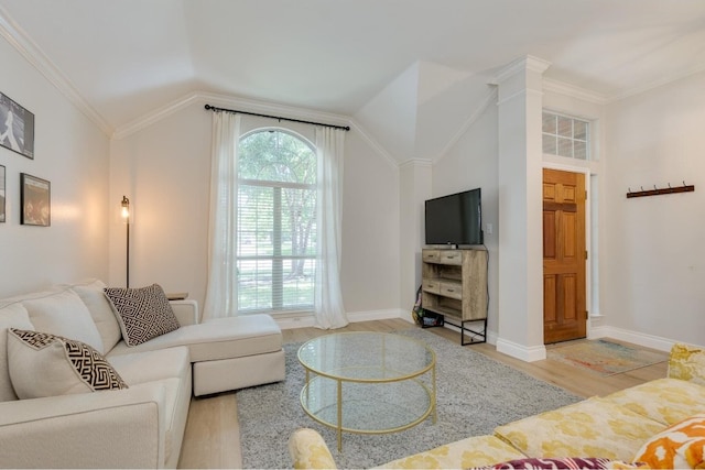 living room featuring crown molding, vaulted ceiling, and light hardwood / wood-style floors