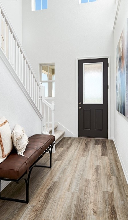 entryway with a high ceiling and light hardwood / wood-style flooring