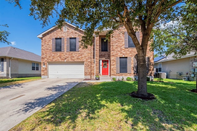 view of front of home featuring cooling unit, a garage, and a front lawn