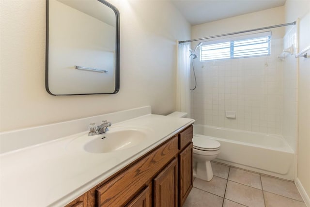 full bath featuring toilet, shower / tub combo with curtain, tile patterned flooring, and vanity