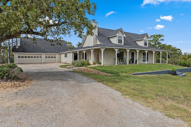 view of front of house featuring a front lawn, a garage, and covered porch