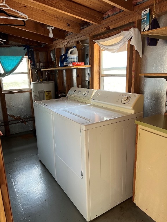 laundry room featuring washer and clothes dryer, electric water heater, and plenty of natural light