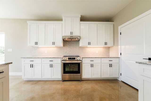 kitchen featuring light stone countertops, electric stove, white cabinetry, and backsplash