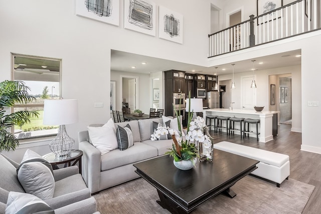 living room featuring hardwood / wood-style floors and a towering ceiling