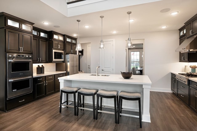 kitchen with dark hardwood / wood-style flooring, stainless steel appliances, a kitchen island with sink, sink, and hanging light fixtures