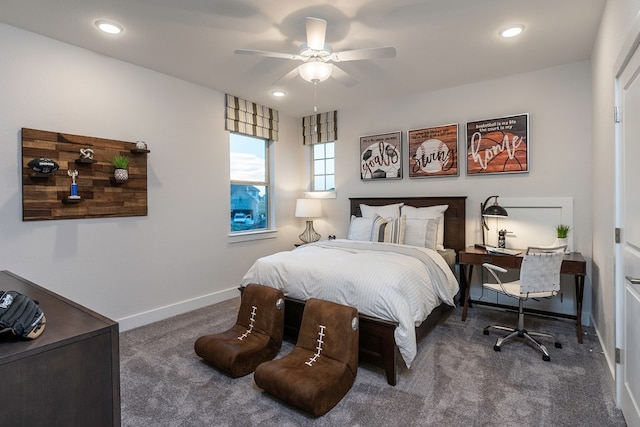 carpeted bedroom with ceiling fan