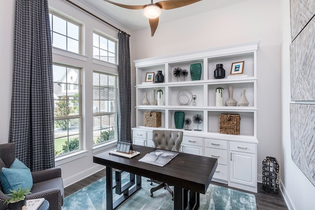 office featuring dark hardwood / wood-style floors and ceiling fan