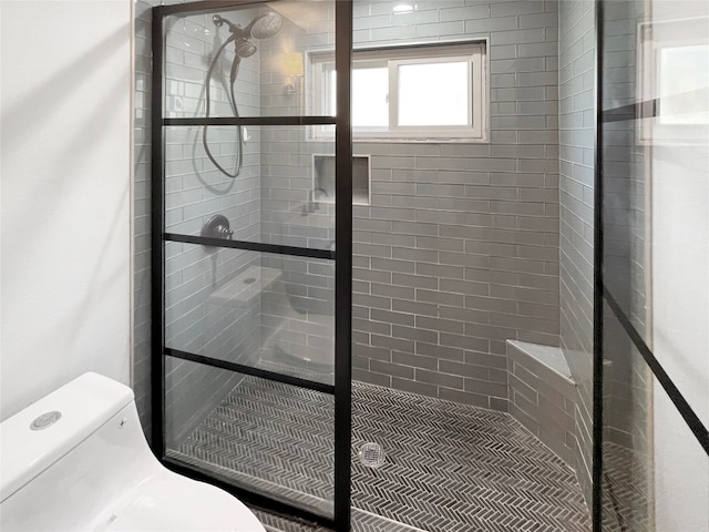 bathroom with toilet and a shower with shower door