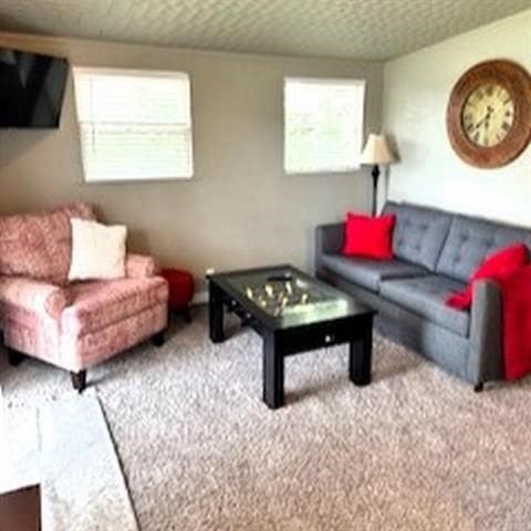 living room featuring carpet, a healthy amount of sunlight, and a textured ceiling