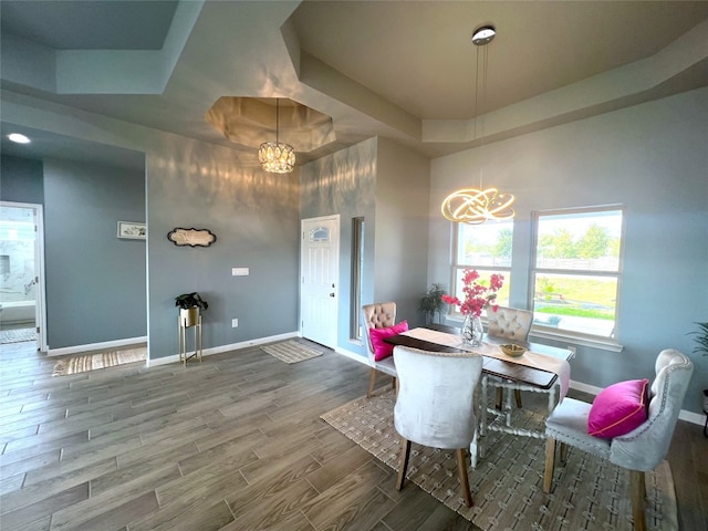 dining room featuring a raised ceiling, a chandelier, and hardwood / wood-style floors