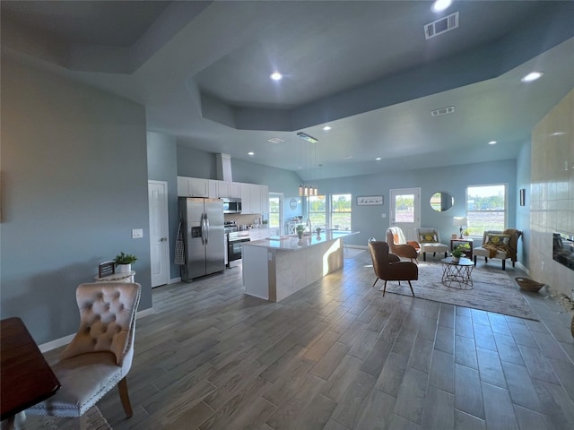 kitchen with a raised ceiling, appliances with stainless steel finishes, hardwood / wood-style flooring, a center island with sink, and white cabinets