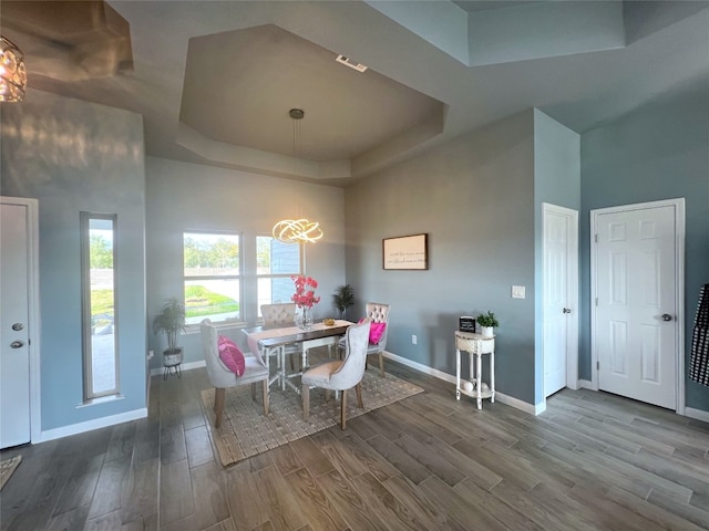 dining space with a high ceiling, hardwood / wood-style floors, and a tray ceiling