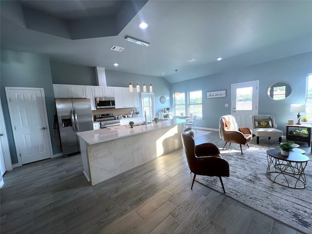 kitchen with dark hardwood / wood-style flooring, a center island with sink, pendant lighting, appliances with stainless steel finishes, and white cabinets