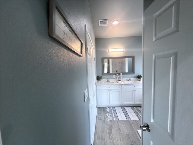 bathroom with vanity and wood-type flooring