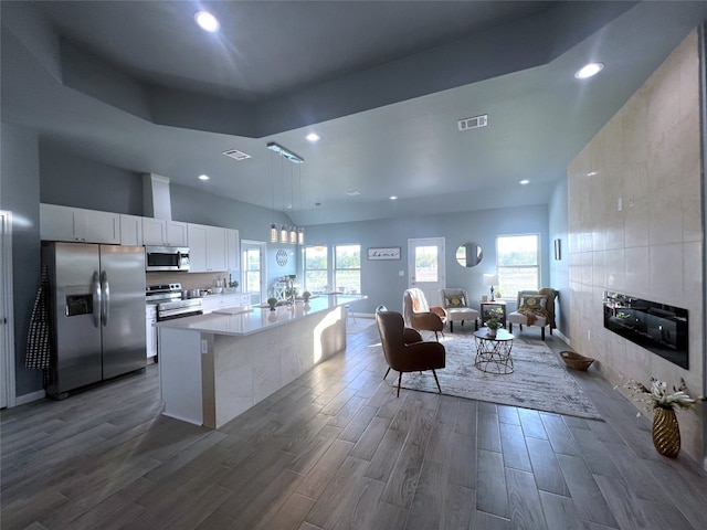 kitchen with dark hardwood / wood-style flooring, plenty of natural light, an island with sink, appliances with stainless steel finishes, and white cabinets