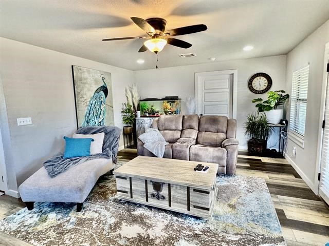 living room with ceiling fan and wood-type flooring