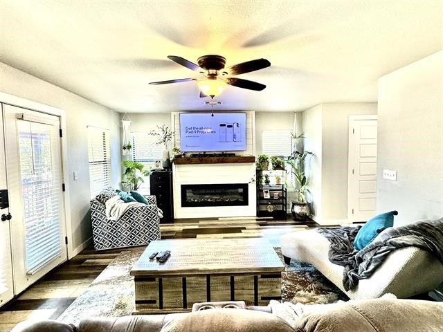 living room with hardwood / wood-style floors and ceiling fan