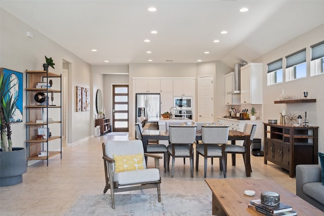 living room featuring light tile patterned flooring